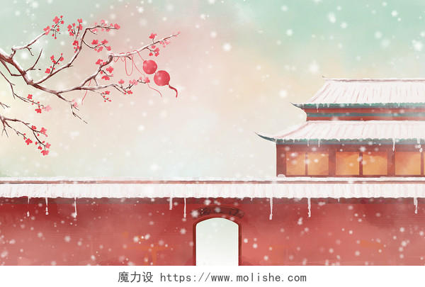 手绘古风水彩古代建筑冬天雪景插画海报背景古代建筑冬天背景